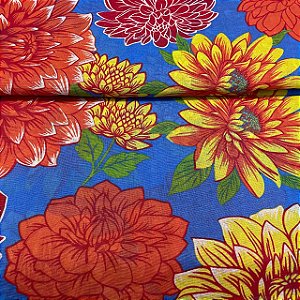 Chita Maxi Floral Fundo Azul Rosa e Amarelo