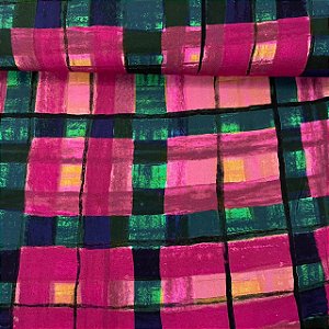Viscose Estampada Quadriculado Rosa com Verde