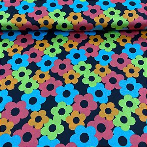 Crepe Estampado Fundo Preto Floral Colorido