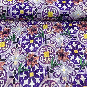 Crepe Estampado Indiano Lilás Com Floral