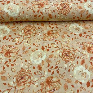 Crepe Estampado Fundo Bege Com Flores Beges
