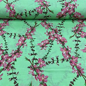 Crepe Estampado Fundo Verde Com Florzinhas Rosas