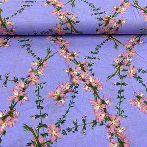 Crepe Estampado Fundo Lilás Com Florzinhas Rosas