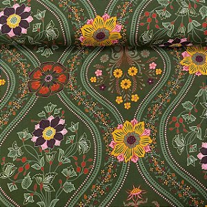 Viscose Estampada Fundo Verde Escuro com Floral Colorido