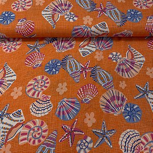 Viscose Estampada Fundo Laranja com Conchas e Florzinhas