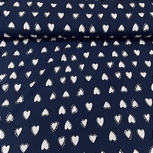 Viscose Estampada Fundo Azul Marinho com Corações Brancos