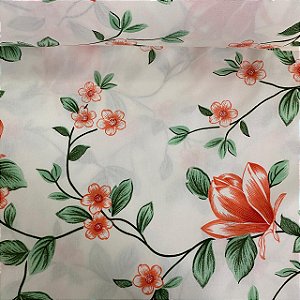 Percal Estampado 180 Fios Fundo Branco com Raminhos Verdes e Flores Salmão