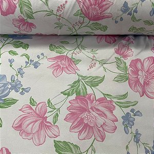 Percal Estampado 180 Fios Fundo Branco Com Flores Rosas e Azuis