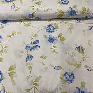 Percal Estampado 180 Fios Fundo Branco Com Florzinhas Azuis e Ramos Verde