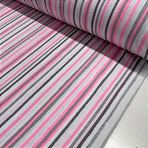 Poliviscose Estampado Listrado Cinza e Rosa