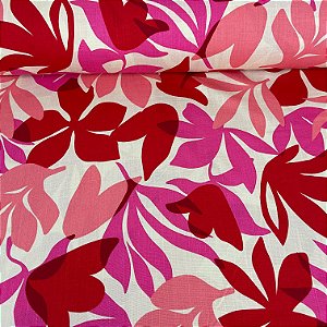 Viscolinho Estampado Fundo Claro Com Flores em Vermelho e Rosa