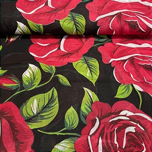 Chita Maxi Floral Fundo Preto Rosas Vermelhas