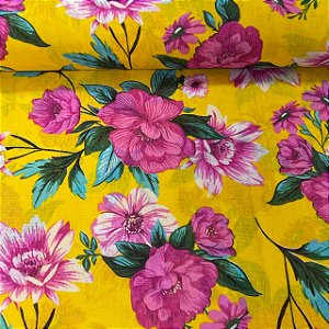 Chita Maxi Floral Fundo Amarelo Flores Rosas