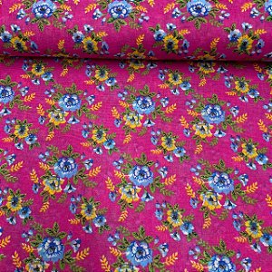 Chita Mini Floral Fundo Rosa Flores Azuis