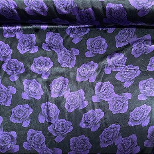 Cetim Estampado Flores Roxas Fundo Preto