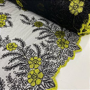 Tule Bordado Europa Preto com Amarelo
