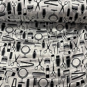 Cetim Estampado Fundo Branco Com Itens Barbearia