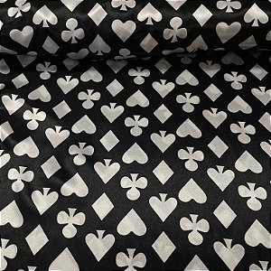 Cetim Estampado Fundo Preto Com Naipes Branco