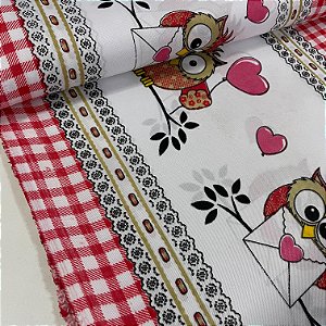 Oxford Estampado Nacional Barrado de Corujinhas Com Xadrez Vermelho