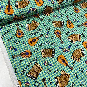 Tricoline Estampada Bahamas Xadrez Verde Com Vilão e Sanfona