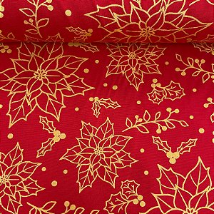 Tricoline Estampada de Natal Fundo Vermelho com Póa e Florzinhas Douradas