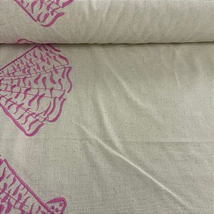 Linho com Viscose Bordado Conchas Rosa Barrado