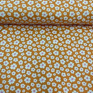 Tricoline Estampada Bahamas Fundo Laranja Com Florzinhas Brancas
