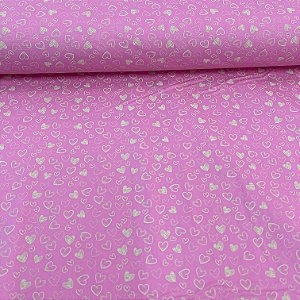Tricoline Estampada Bahamas Fundo Rosa Com Corações Brancos