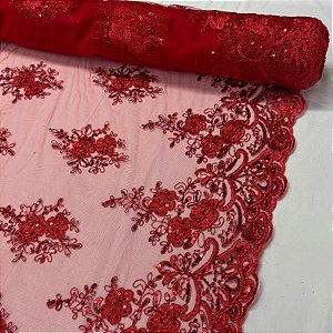 Tule Bordado Cord Spangle Shine Vermelho