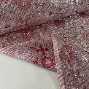 Lame Estampado Floral Rosa e Prata
