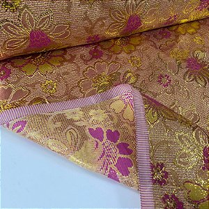 Lame Estampado Floral Rosa e Dourado