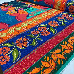 Viscose Digital Nacional Barrado Fundo Marinho Floral Colorido