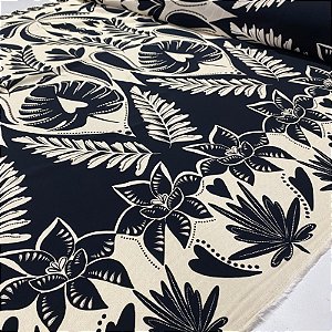 Viscose Digital Nacional Folhagens Preta Fundo Creme