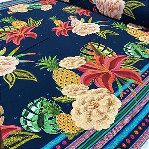 Viscose Digital Nacional Barrada Flores e Abacaxi Com Fundo Azul Marinho