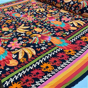 Viscose Digital Nacional Barrada Flores e Passaros Fundo Preto