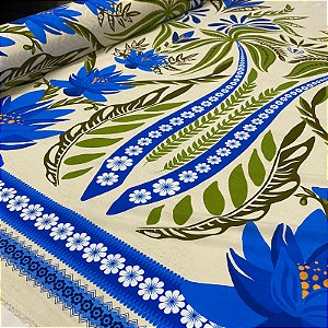 Viscose Digital Nacional Barrado e Floral Azul Com Fundo Bege e Folhas Verdes