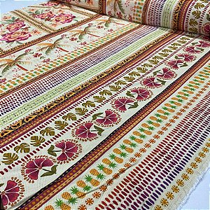 Viscose Digital Nacional Barrado Com Frutas e Flores Quadriculados Florais