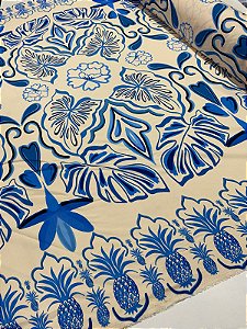 Viscose Digital Nacional Barrado Com Fundo Bege e Floral Azul