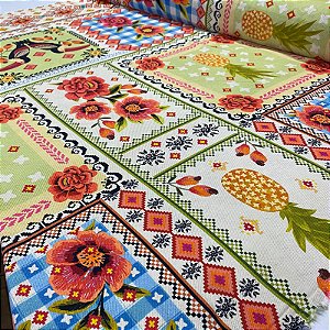 Viscose Digital Nacional Quadriculados Coloridos com Flores e Frutas