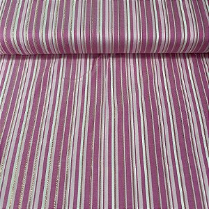 Viscose Estampada Listrada Rosa e Branco com Fios Dourados