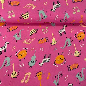 Viscose Estampada Musical Fundo Rosa