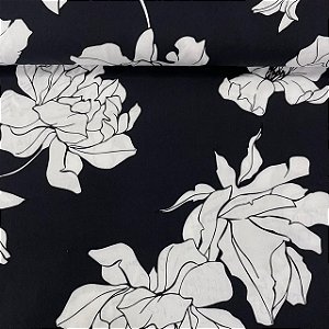 Viscose Estampada Fundo Preto com Floral Grande Branco
