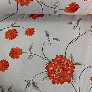 Percal Estampado 180 Fios Fundo Branco com Floral Laranja