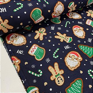 Oxford Estampada de Natal Fundo Marinho Com Papai Noel, Biscoito e Árvore