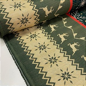 Oxford Estampada de Natal Barrado com Fundo Verde, Florzinhas e Renas