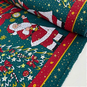 Oxford Natalino Shine Barrado com Papai Noel e Xadrez Vermelho e Amarelo
