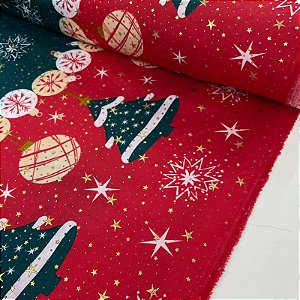 Oxford Natalino Shine Vermelho com Verde Barrado com Árvores, Papai Noel e Flocos