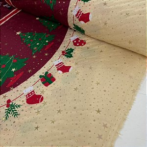 Oxford Natalino Shine Barrado com Motivos Natalinos, Árvores e Papai Noel