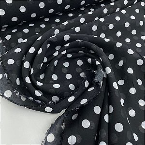 Crepe Chiffon Estampado Fundo Preto com Poá Branco