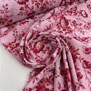 Crepe Chiffon Estampado Fundo Rosa Clarinho com Florzinhas Pink